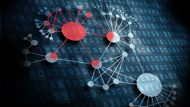 Abstract network of connected nodes with red links spreading across it, illustrating how AI cyberattacks move through trusted connections at scale.